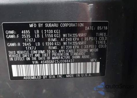 2018 Subaru Outback 2.5I Premium z USA, uszkodzony, nr VIN 4S4BSAFC5J3368437